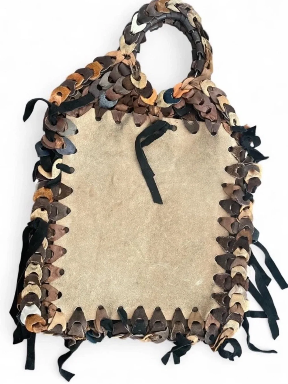 Vintage 1970s Handmade Genuine Suede Leather Folk Art Artisan Tote Bag.